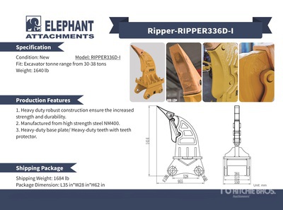 2025 Elephant RIPPER336D-I Défonceuse pour excavatrice - Fits Cat 336 / 30 - 38 ton (Unused)