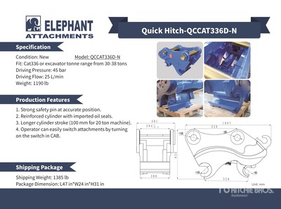 2025 Elephant QCCAT336D-E Raccord pour excavatrice - Fits Cat 336 / 30 - 38 ton (Unused)