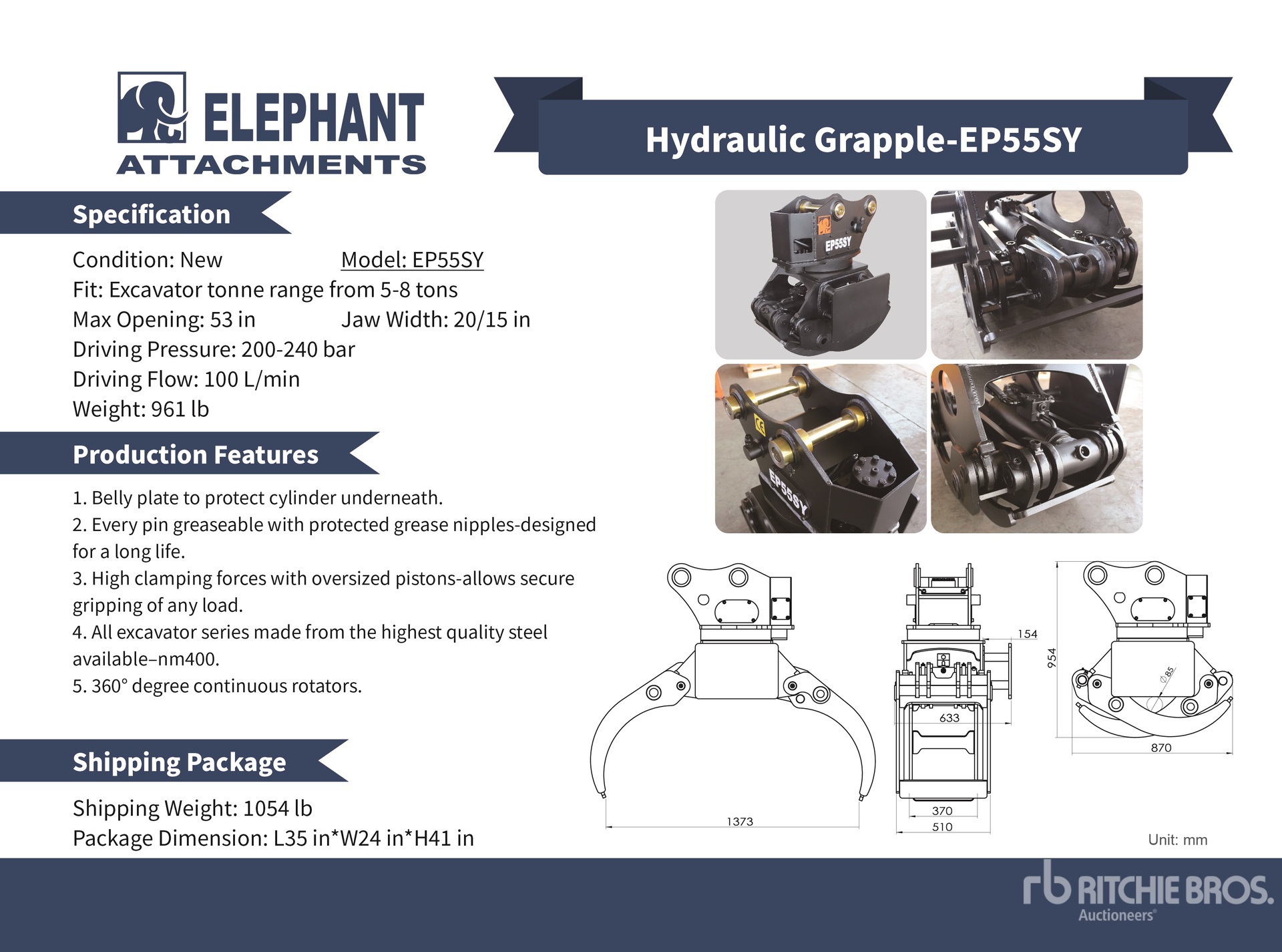 2025 Elephant EP55SY Rotating Excavator Grapple - Fits Excavator 5 - 8 ton (Unused)