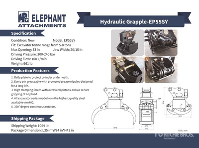 2025 Elephant EP55SY Rotating Grappin d'excavatrice - Fits Excavator 5 - 8 ton (Unused)
