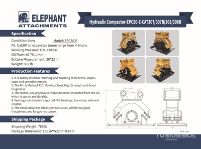 2025 Elephant EPC50-E Plate Compactor Attachment - Fits Cat 307 / 4 - 9 ton (Unused)