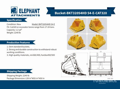 2025 Elephant BKT32054HD 54-E 54 in 1.2 cyd Digging Godet d'excavatrice - Fits Cat 320 / 17 - 24 ton (Unused)