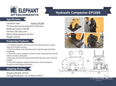 2025 Elephant EPC08R Plate Compactor Attachment - Fits Excavator 18 - 26 ton (Unused)