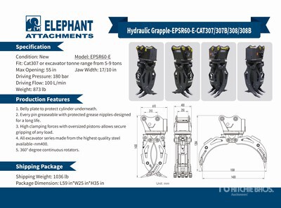 2025 Elephant EPSR60-E Rotating Grappin d'excavatrice - Fits Cat 307 / 5 - 9 ton (Unused)