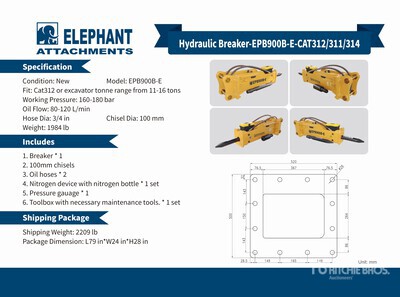 2025 Elephant EPB900B-E Concasseur hydraulique - Fits Cat 312 / 11 - 16 ton (Unused)