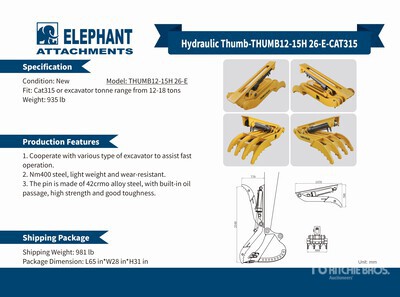 2025 Elephant THUMB12-15H 26-E Hydraulic Pouce d'excavatrice (Unused)