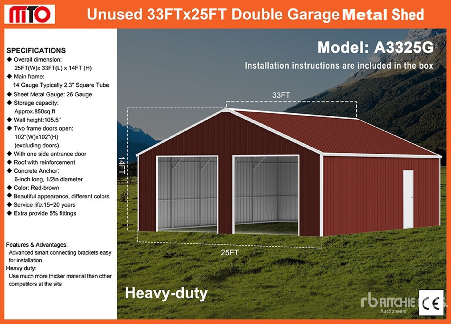 2025 MTO A3325G 25 ft x 33 ft Double Garage Metal مخزن او كوخ (Unused)