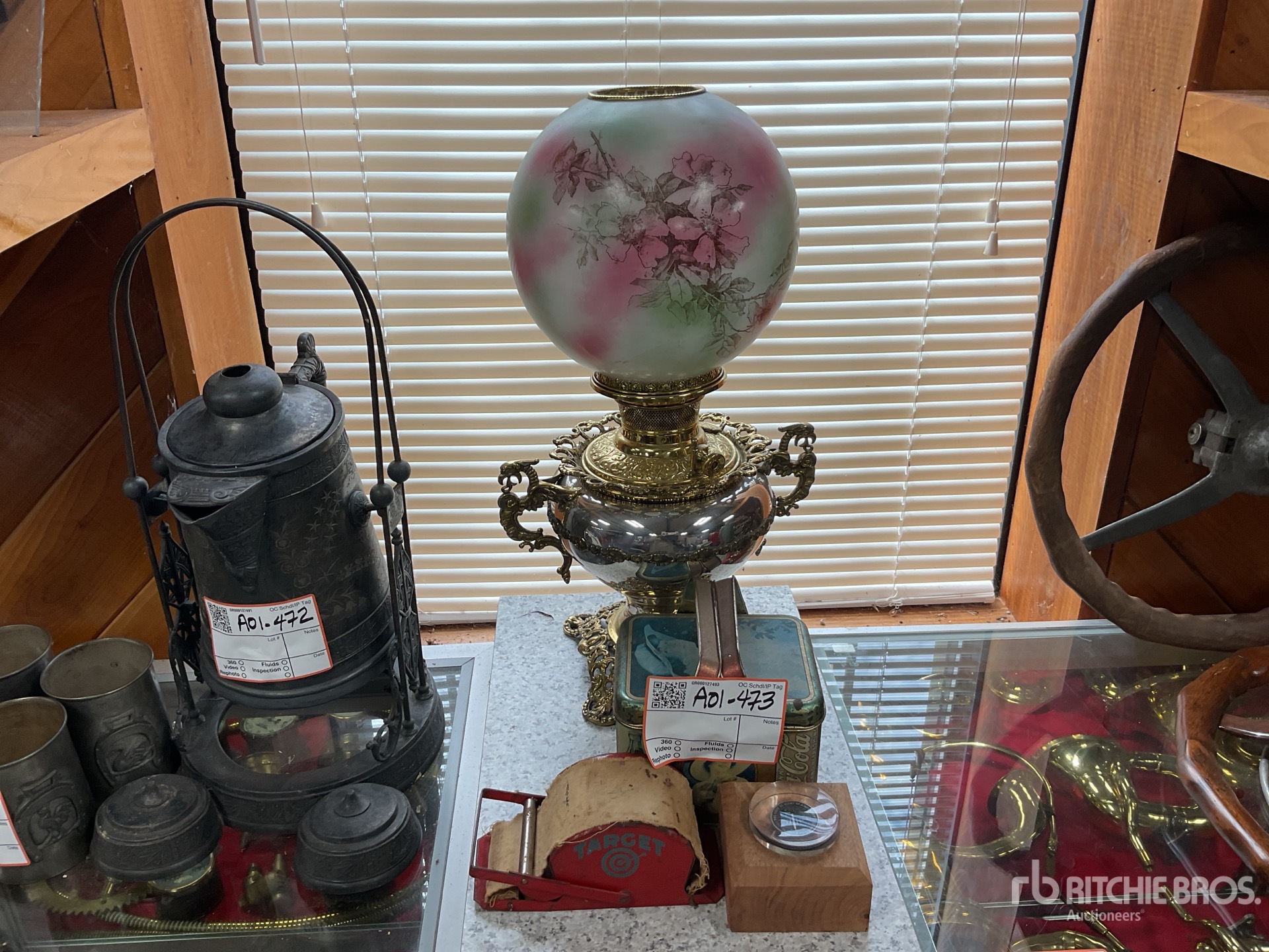brass globe lamp and misc