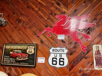 Quantity of (2) Route 66 signs w/ Pegasus sign Antichità
