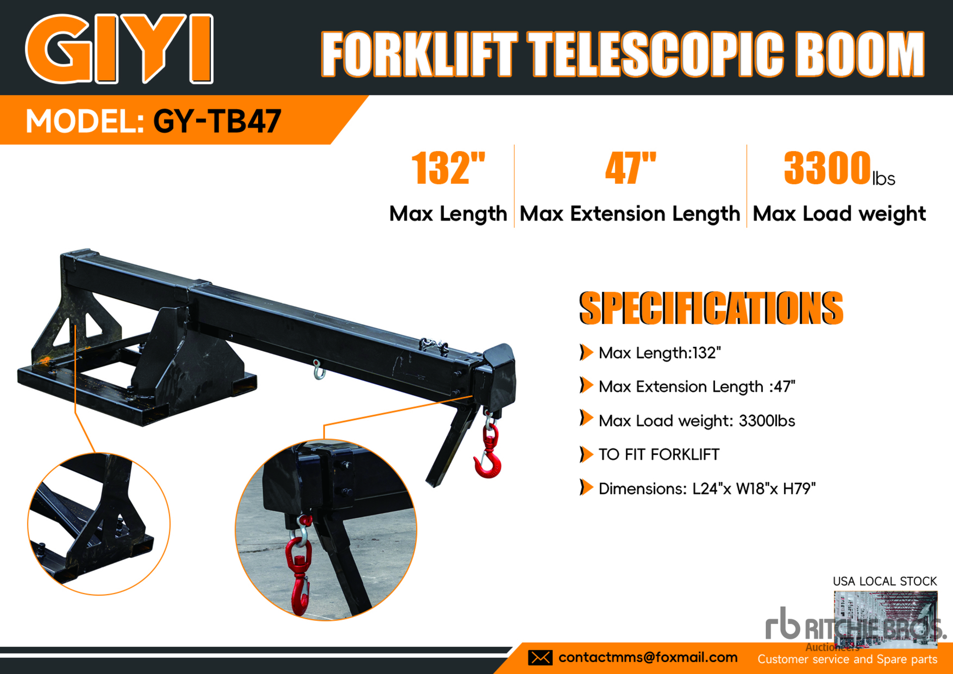 2025 GIYI GY-TB47 3300 lb Forklift Extendable Boom Divers - accessoires pour chariot élévateur (Unused)