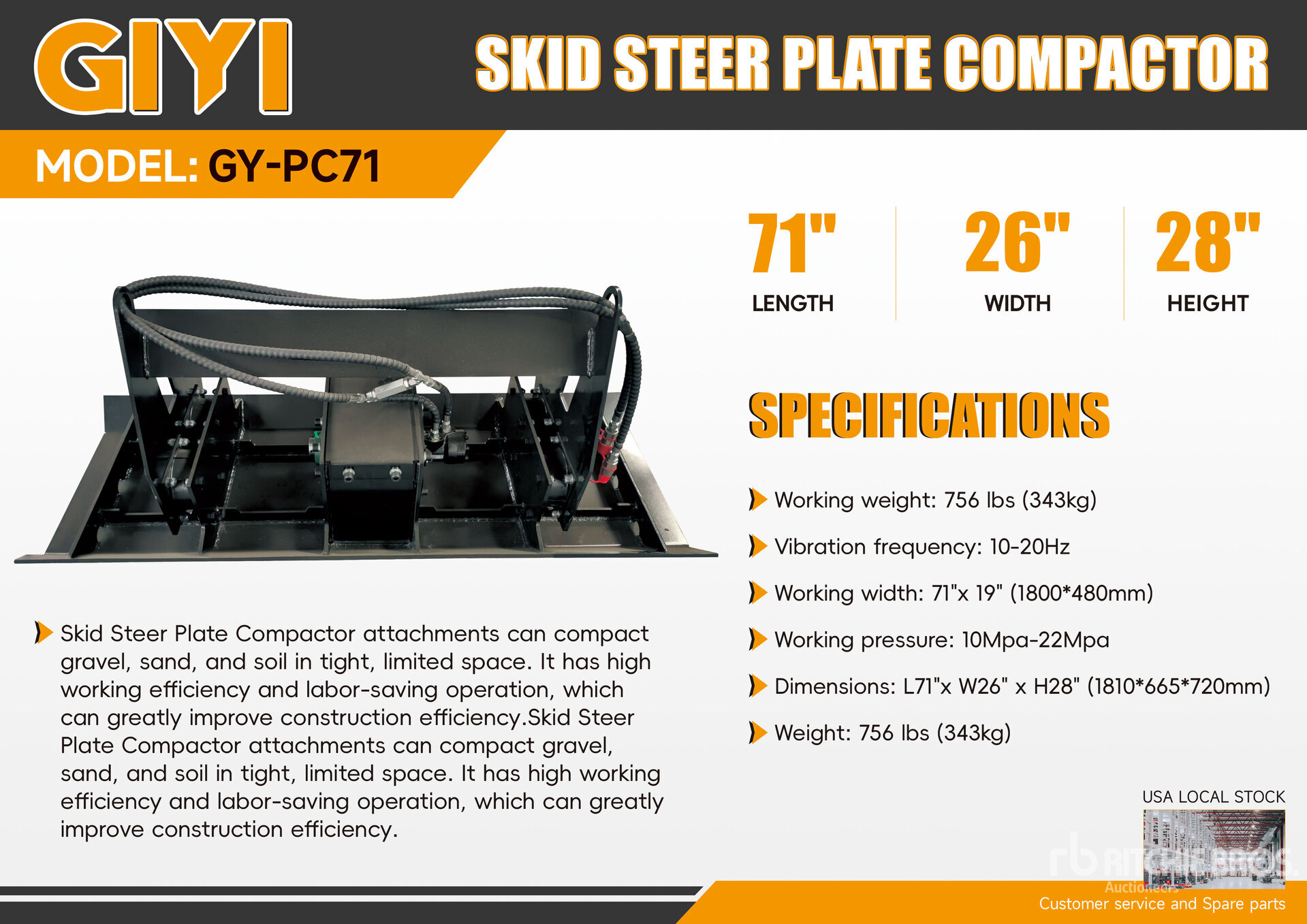 2025 GIYI GY-PC71 71 in Skid Steer Plate Compactor (Unused)