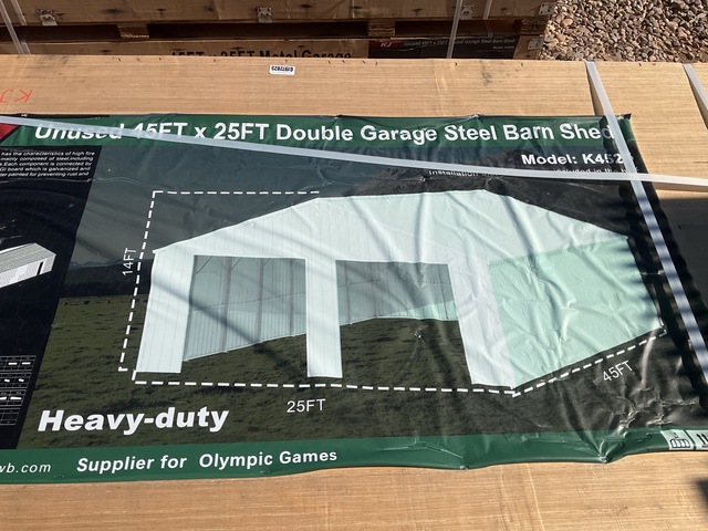 KJ K4525 Double Garage Steel Barn Shed - Unused KJ K4525 Double Garage Steel Barn Shed - Unused