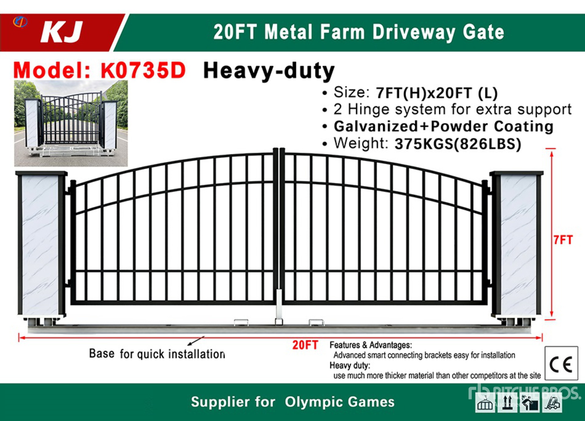 2025 KJ K0735D 20 ft x 7 ft Metal Farm Driveway Gate (Unused)