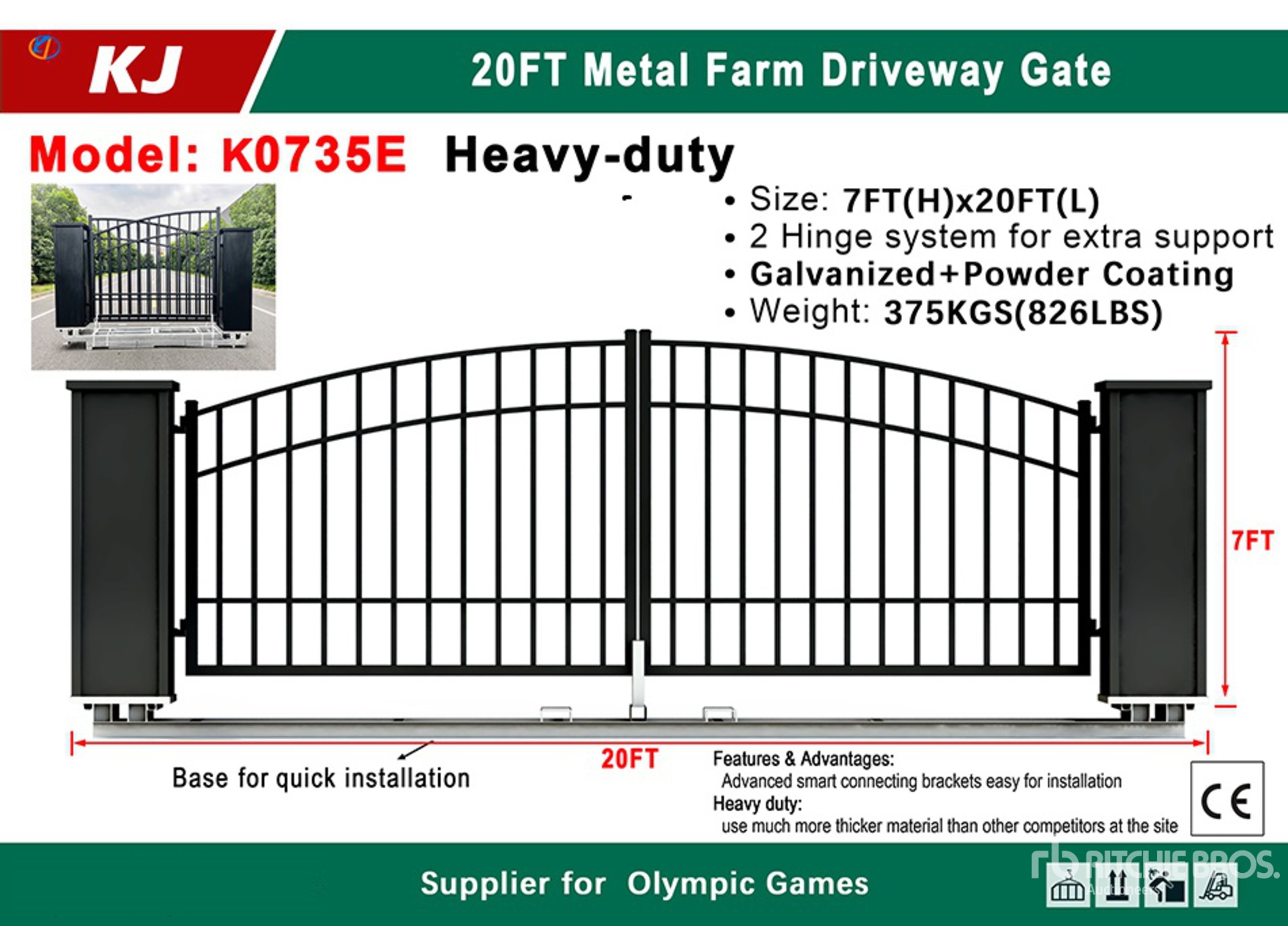 2025 KJ K0735E 20 ft x 7 ft Metal Farm Driveway Gate (Unused)