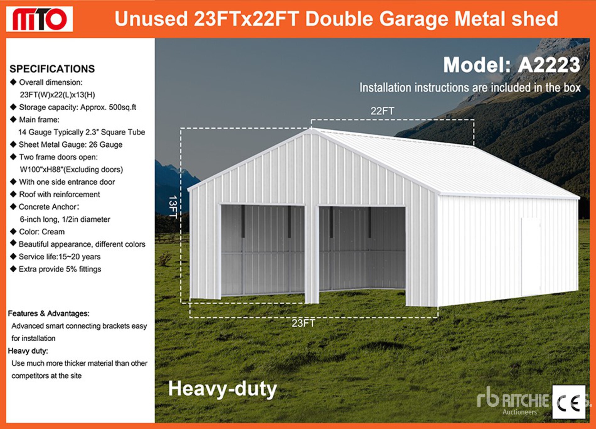 2025 MTO A2223 Double Garage Metal Shed (Unused)