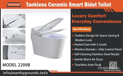 Quantity of (2) EG EarthyGrounds Tankless Ceramic Smart Bidet Toilet (Unused)