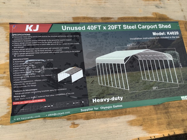 KJ K4020 Steel Carport Shed - Unused