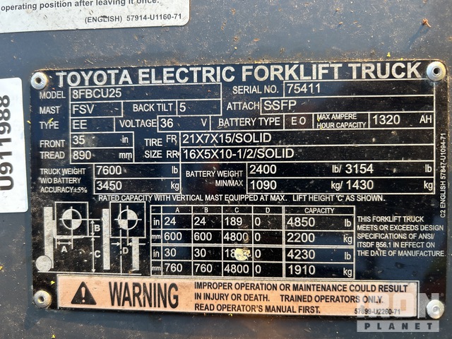 MONTACARGAS ELéCTRICO 2017 TOYOTA 8FBCU25