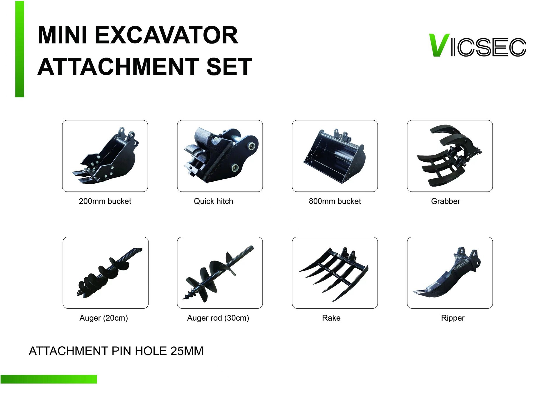 Quantity of (8) 2025 VICSEC VCA-8 Mini Excavator Attachments Accessoire divers pour pelle (Unused)