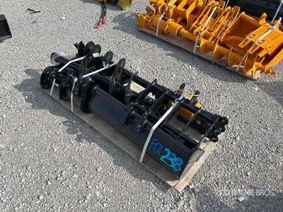 Quantity of (8) Mini Excavator buckets, augers, quick attachment, skeleton bucket, thumb (Unused)