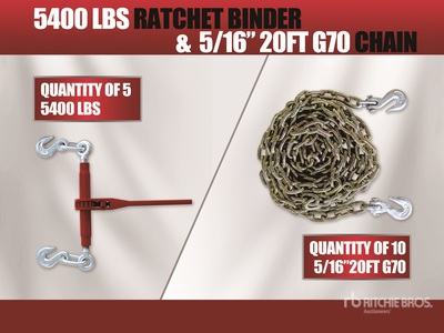 Quantity of 2025 suhivelee BC-5400 (5) 5400 lb Ratchet Binders & (10) 20 ft Chains (Unused)