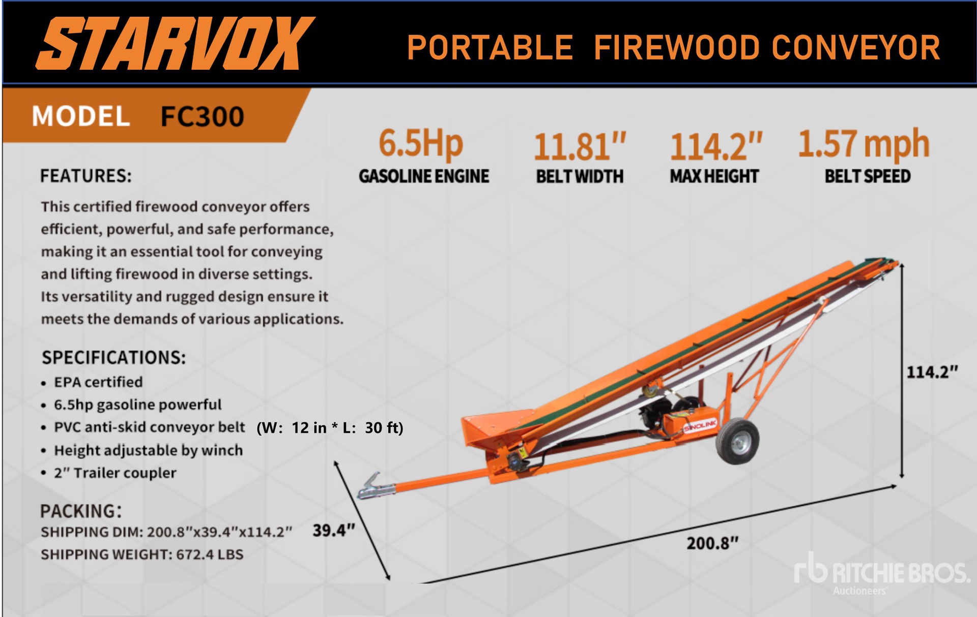 2025 STARVOX FC300 12 in x 30 ft Portable Fire Wood Conveyor (Unused)