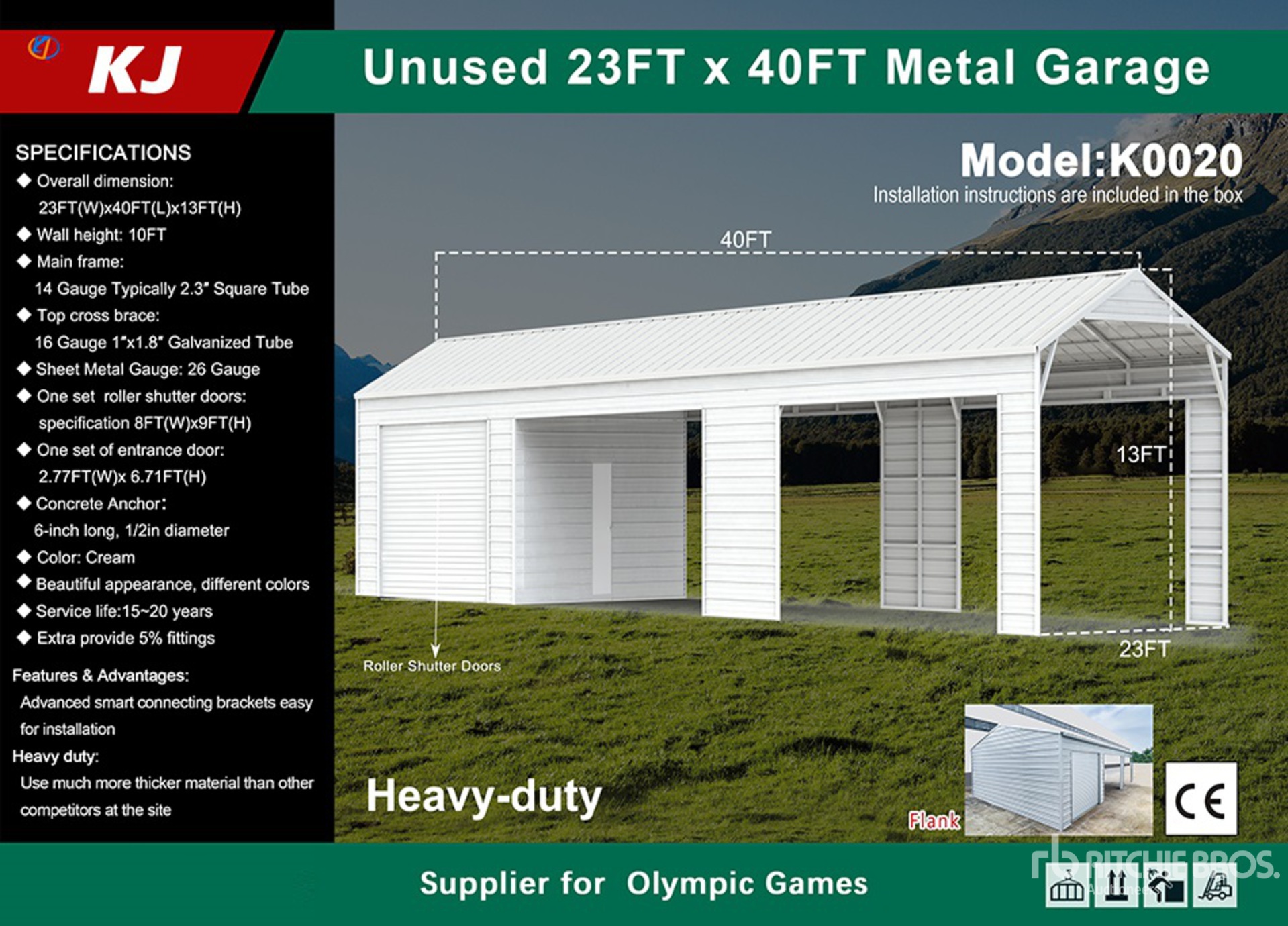 2025 KJ K0020 40 ft x 23 ft x 13 ft Metal Garage 貯蔵庫 (Unused)