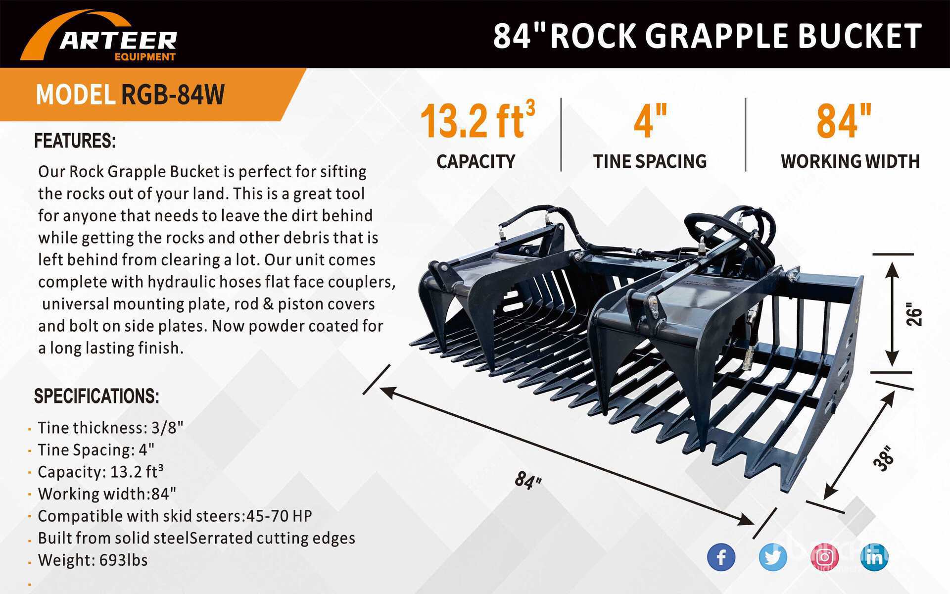 2025 ARTEER RGB-84W 84 in Root Rake Łyżka chwytakowa do miniładowarki (Unused)