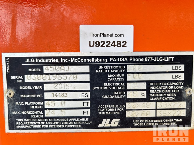 ELEVADOR ARTICULADO 2015 JLG 4WD 450AJSERIESII
