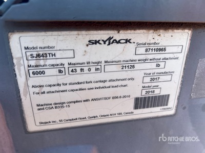 2018 Skyjack SJ643 TH Manipulador Telescópico