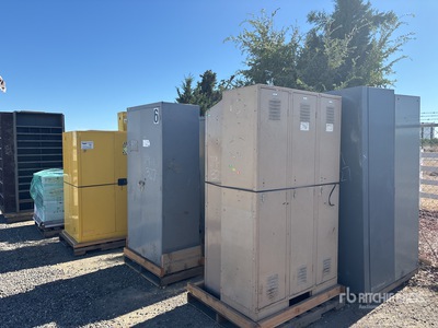 Quantity of 40 ft Container, Lockers, Safety & Storage Cabinets, Shelving, Air Condition Unit, and (3) Tires