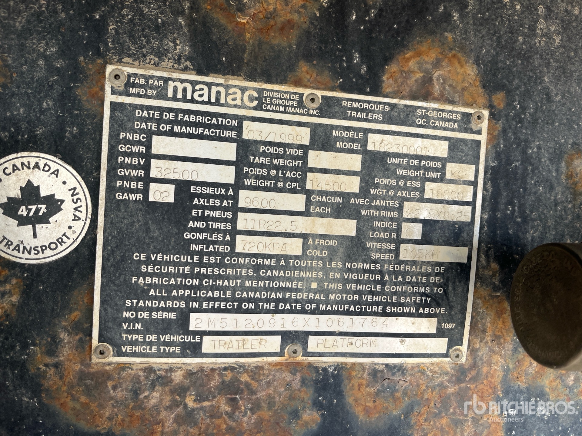 1999 Manac 30 ft T/A Remorque à plateau