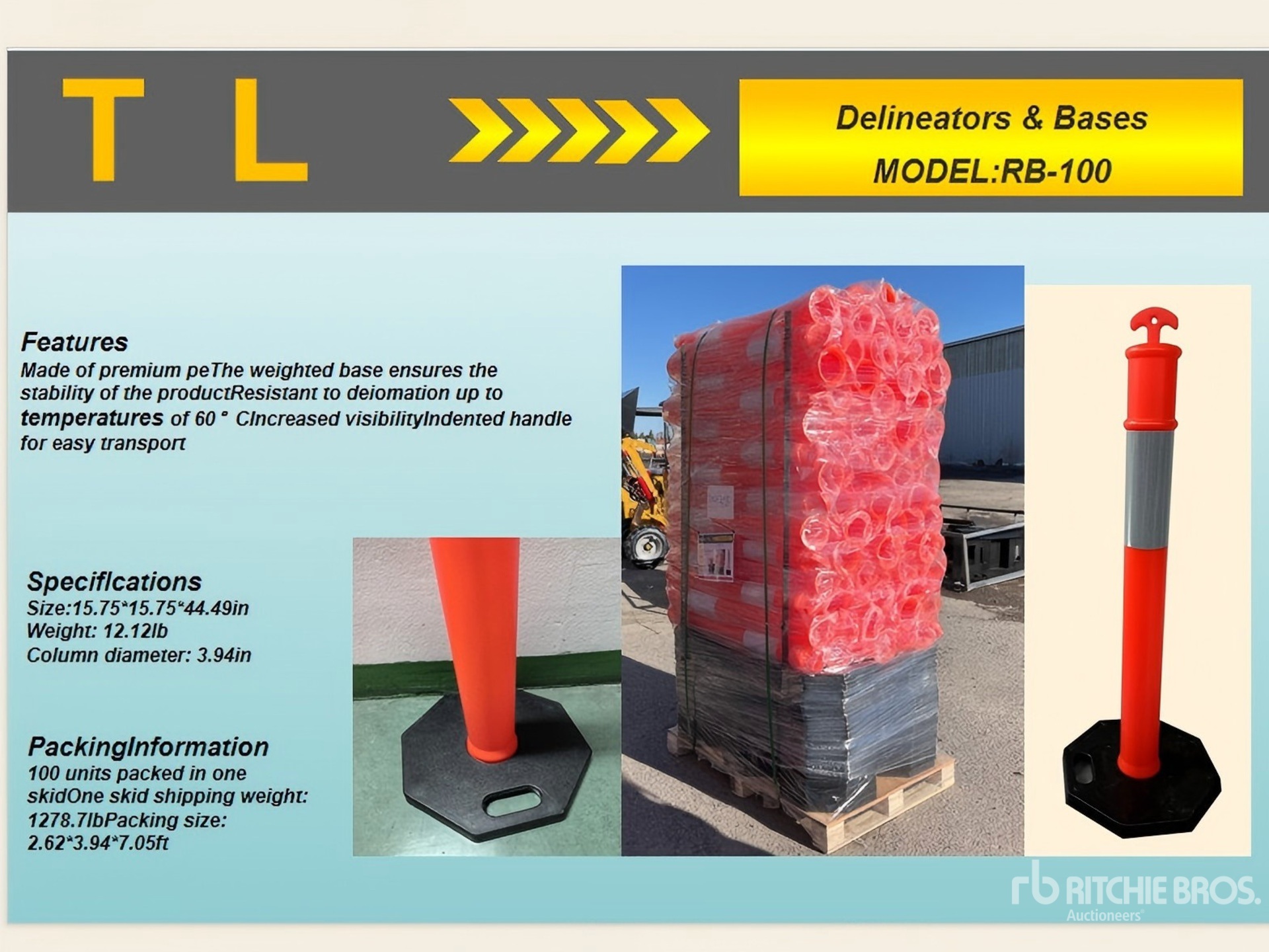 Quantity of (100) 2025 TL RB-100 Delineators & Bases (Unused)