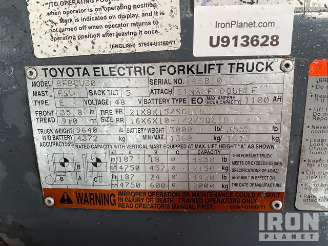 MONTACARGAS ELéCTRICO 2016 TOYOTA 8FBCU30