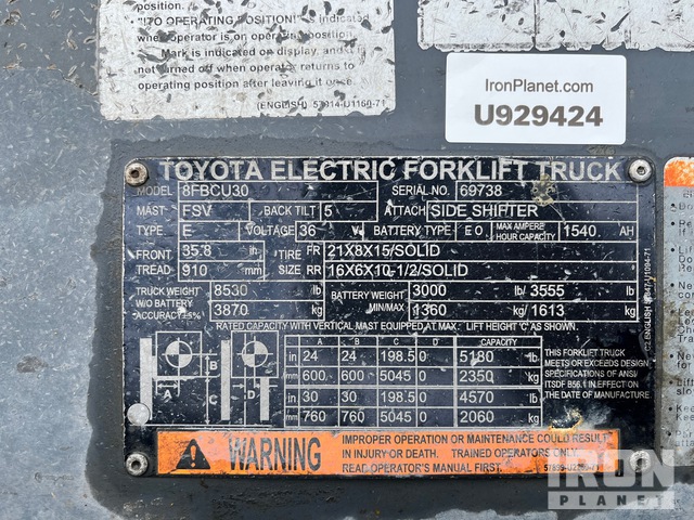 MONTACARGAS ELéCTRICO 2019 TOYOTA 8FBCU30