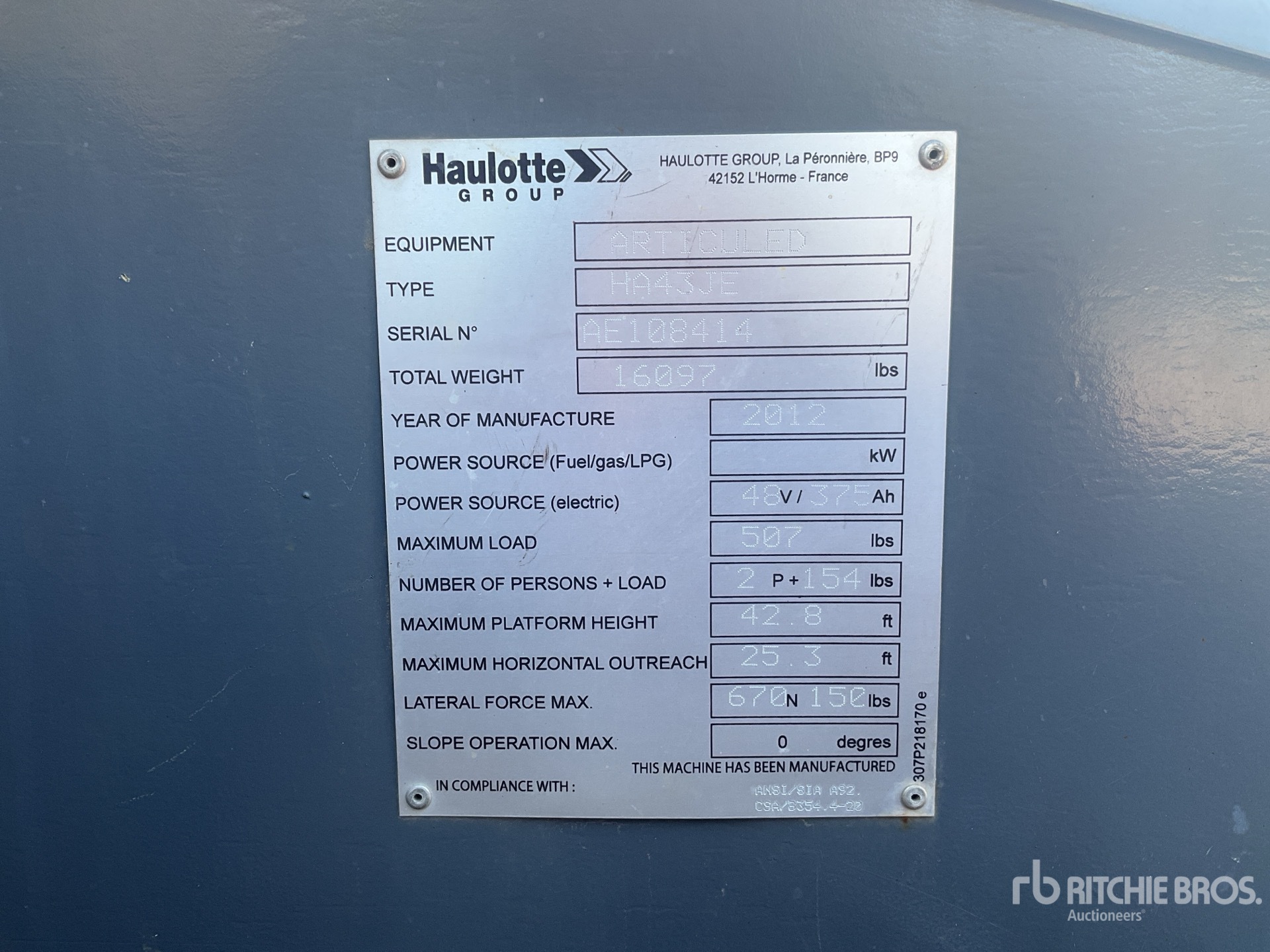 2012 Haulotte HA43JE Electric Podnośnik Przegubowy