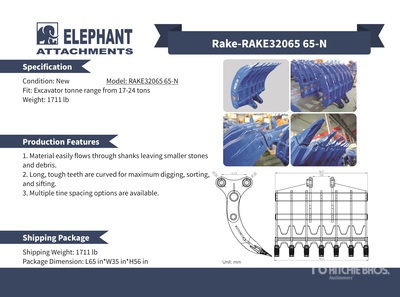 2025 Elephant RAKE32065 65-N 65 in Râteau d'excavatrice - Fits Excavator 17 - 24 ton (Unused)