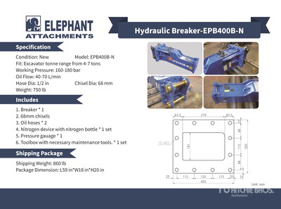 2025 Elephant EPB400B-N Hydraulic Breaker - Fits Excavator 4 / 7 ton (Unused)