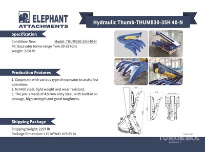 2025 Elephant THUMB30-35H 40-N Hydraulic Pouce d'excavatrice - Fits Excavator 30 - 38 ton (Unused)
