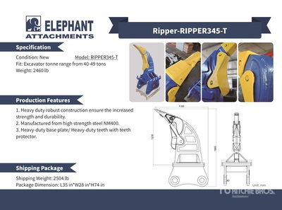 2025 Elephant RIPPER345-T Défonceuse pour excavatrice - Fits Cat 345 / 40 - 49 ton (Unused)