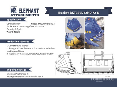 2025 Elephant BKT336D72HD 72-N 72 in 2.3 cyd Digging Excavator Bucket - Fits Excavator 30 - 38 ton (Unused)