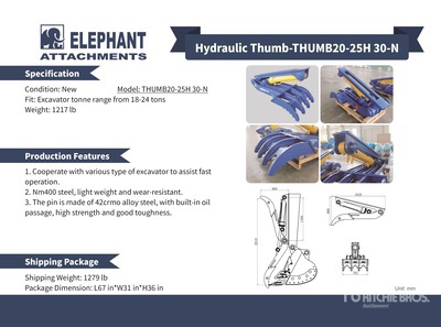 2025 Elephant THUMB20-25H 30-N Hydraulic Pouce d'excavatrice - Fits Excavator 18 - 26 ton (Unused)