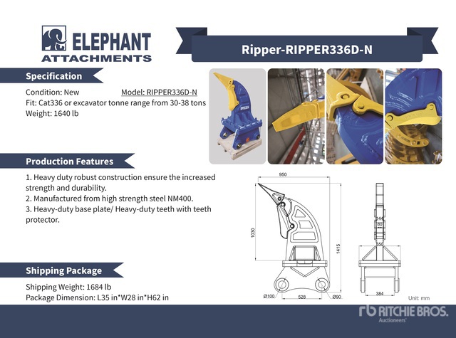 2025 Elephant RIPPER336D-N Excavator Ripper - Fits Cat 336 / 30 - 38 ...