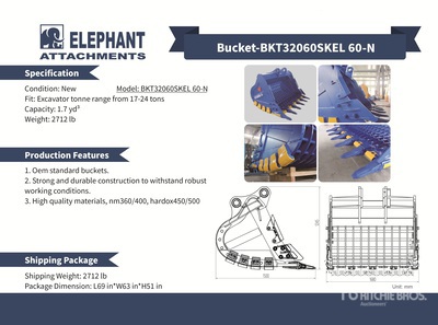 2025 Elephant BKT32060SKEL 60-N 60 in Skeleton Godet d'excavatrice - Fits Cat 320 (Unused)