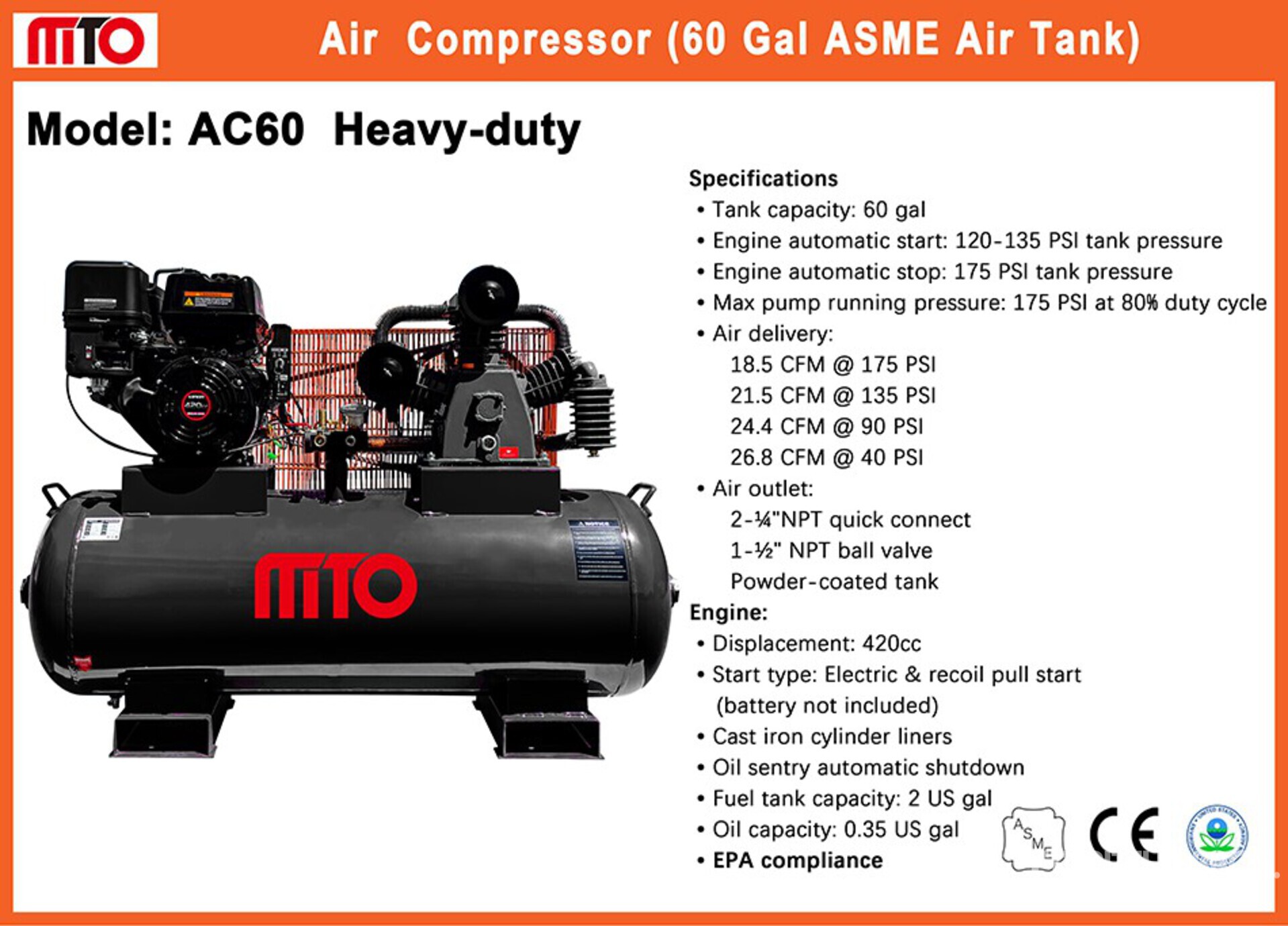 2025 MTO AC60 26.8 cfm 60 gal Luchtcompressor (Unused)
