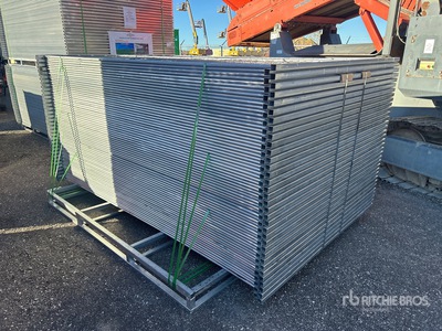Quantity of (67) 9 ft 6 in x 6 ft Galvanized Temporary with Base and Top Connectors Zaun (Unused)