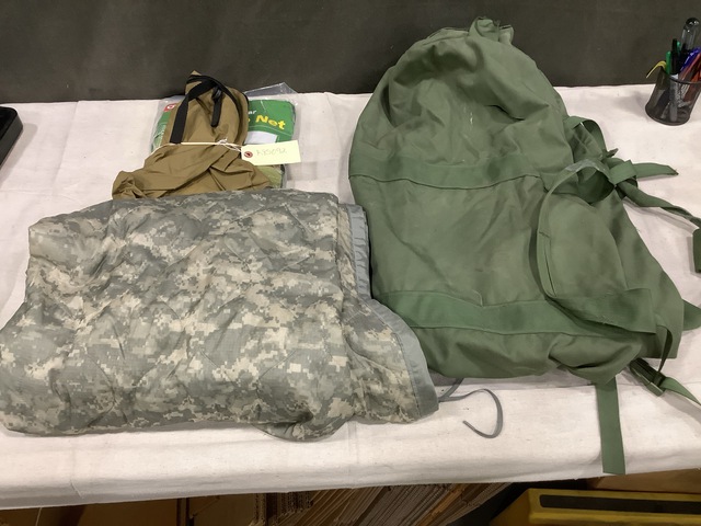 (27) Duffel Bags, (1) Pop-Up Bednet, (11) Poncho Liners & Assorted Items