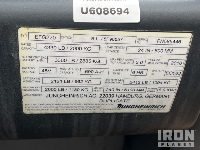 MONTACARGAS ELéCTRICO 2018 JUNGHEINRICH EFG220