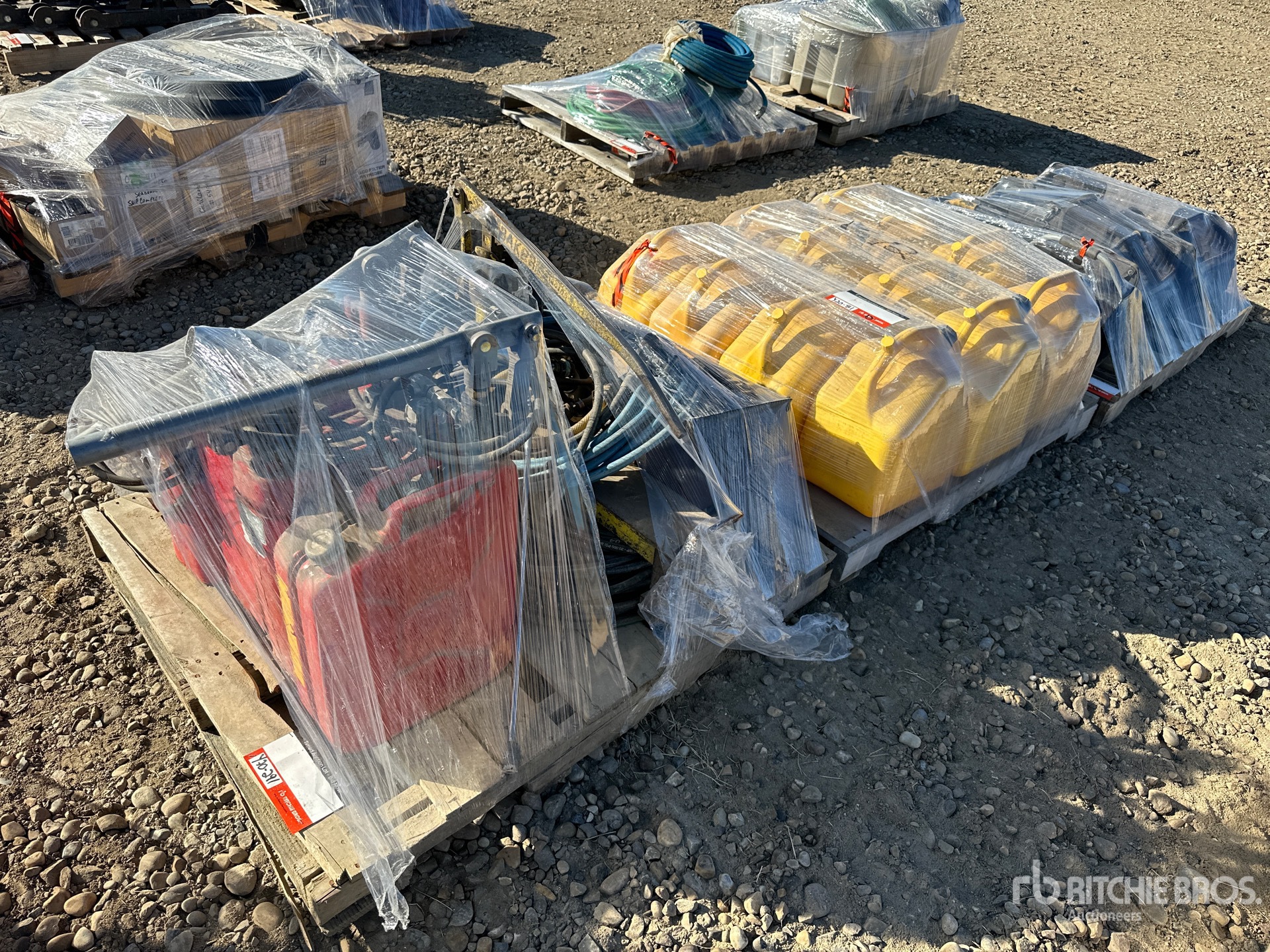 Quantity of (3) Pallets of Fuel Cans And Manual Transfer Pump Varios, Bomba
