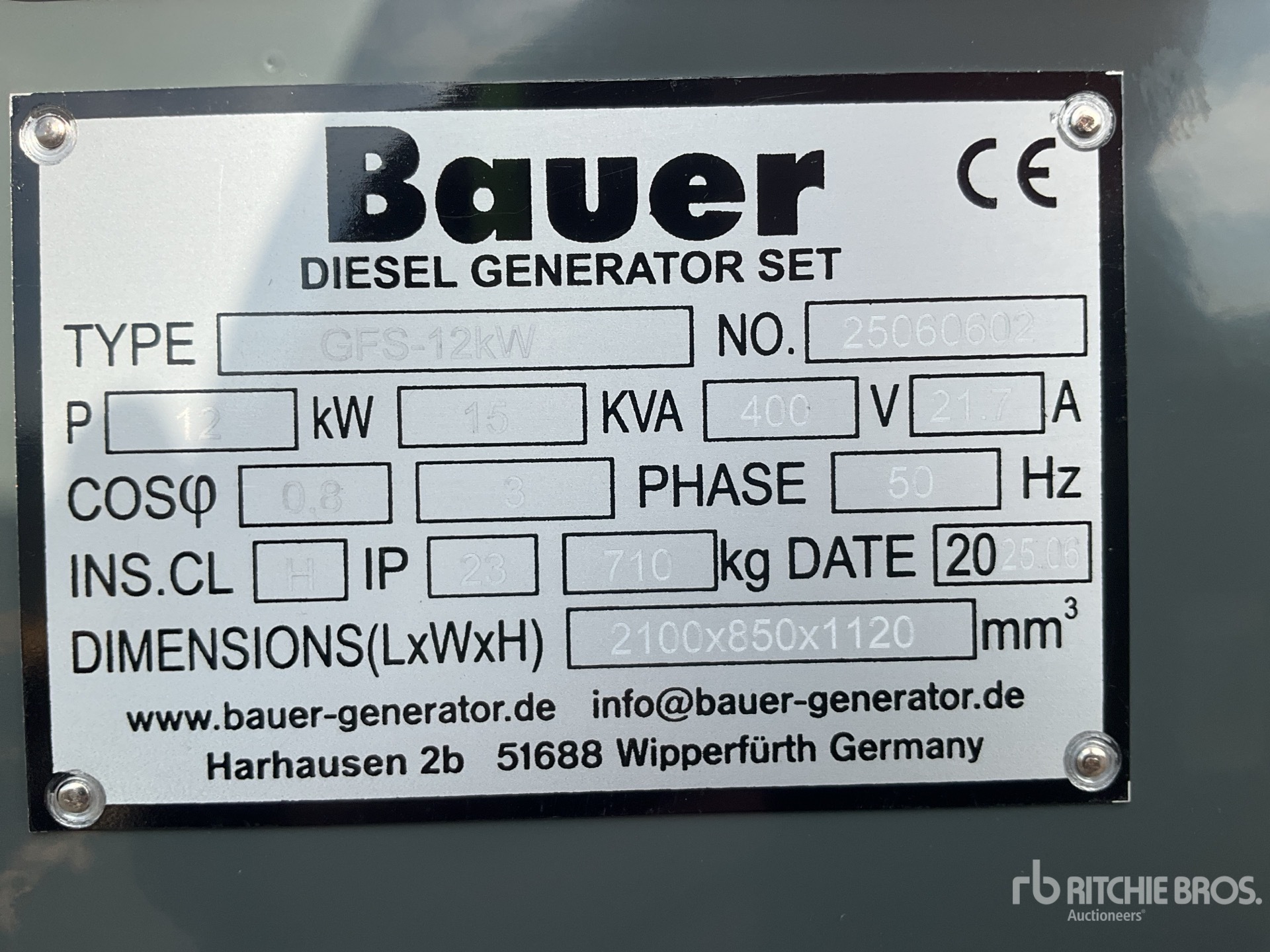 2025 Bauer GFS-12 ATS 12 kW/ 15 kVa Generator Set (Unused)